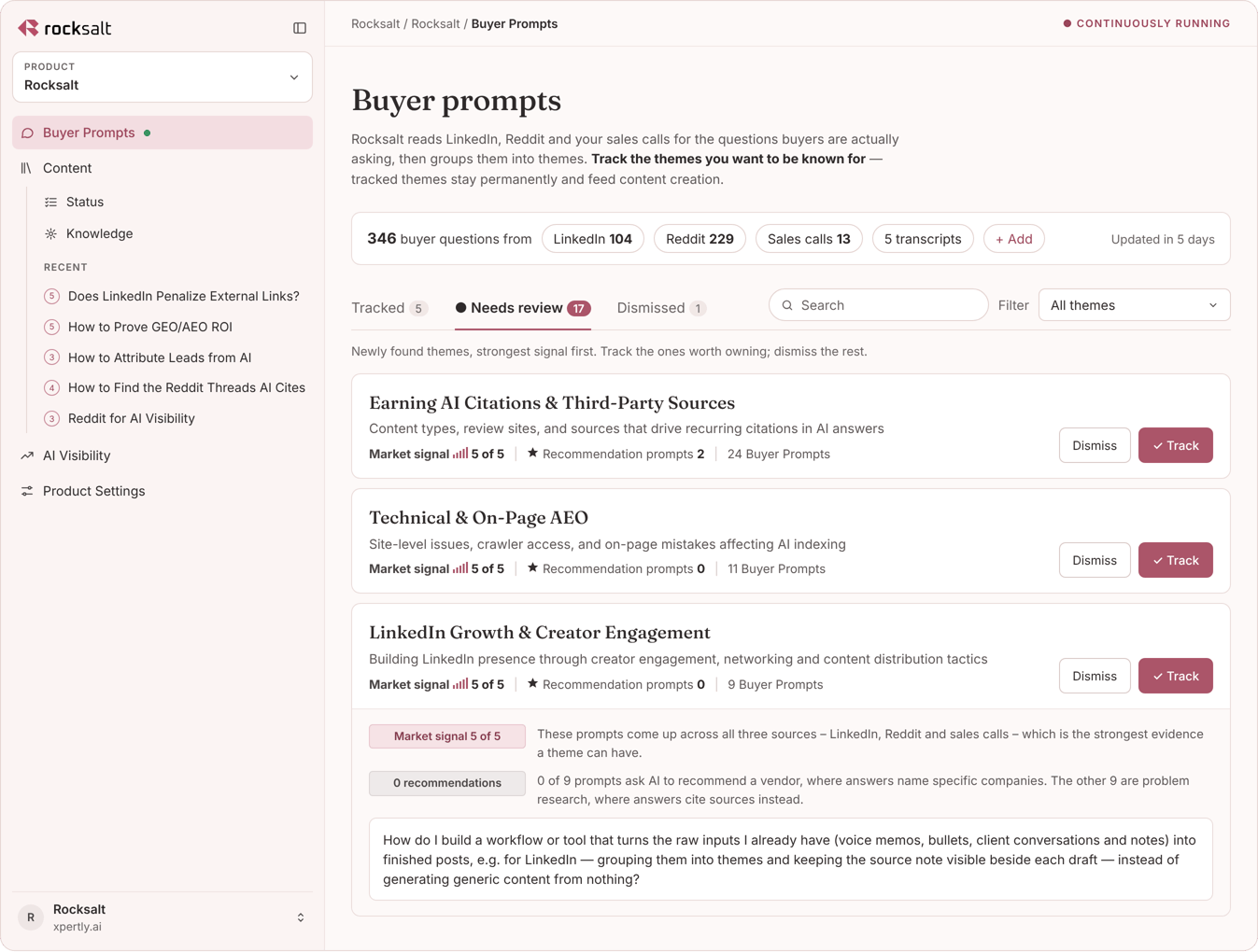Rocksalt Buyer Prompts screen: 346 buyer questions from LinkedIn, Reddit and sales calls, grouped into themes with market signal and recommendation prompt counts, each with Track and Dismiss buttons