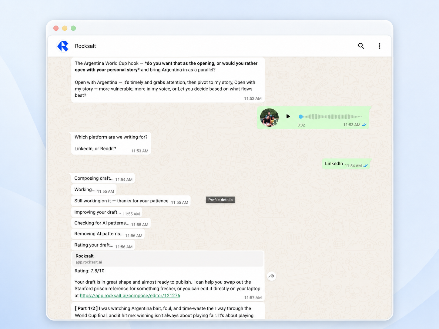 Rocksalt text message routing a buyer question to a subject matter expert for their answer